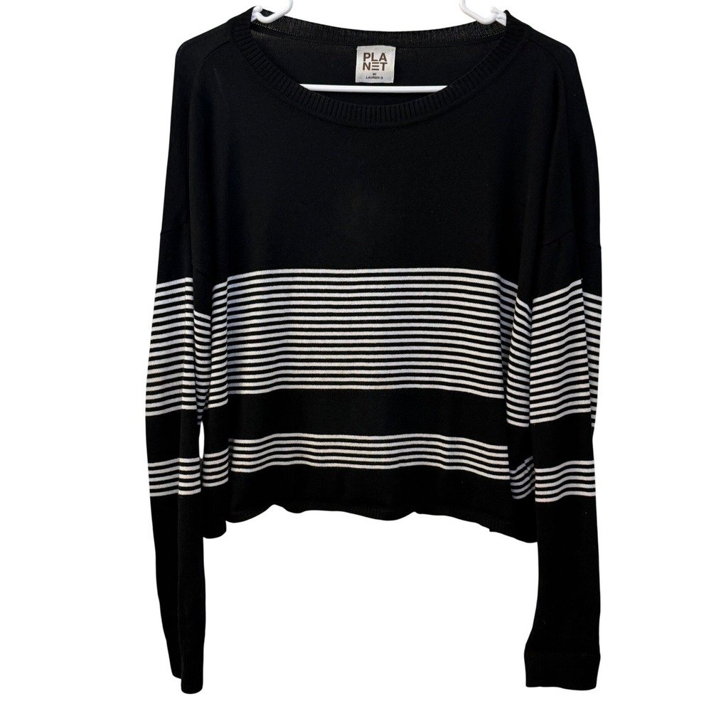 Planet by Lauren G Pima Cotton Modal Striped Boxy Knit Sweater Black White OS